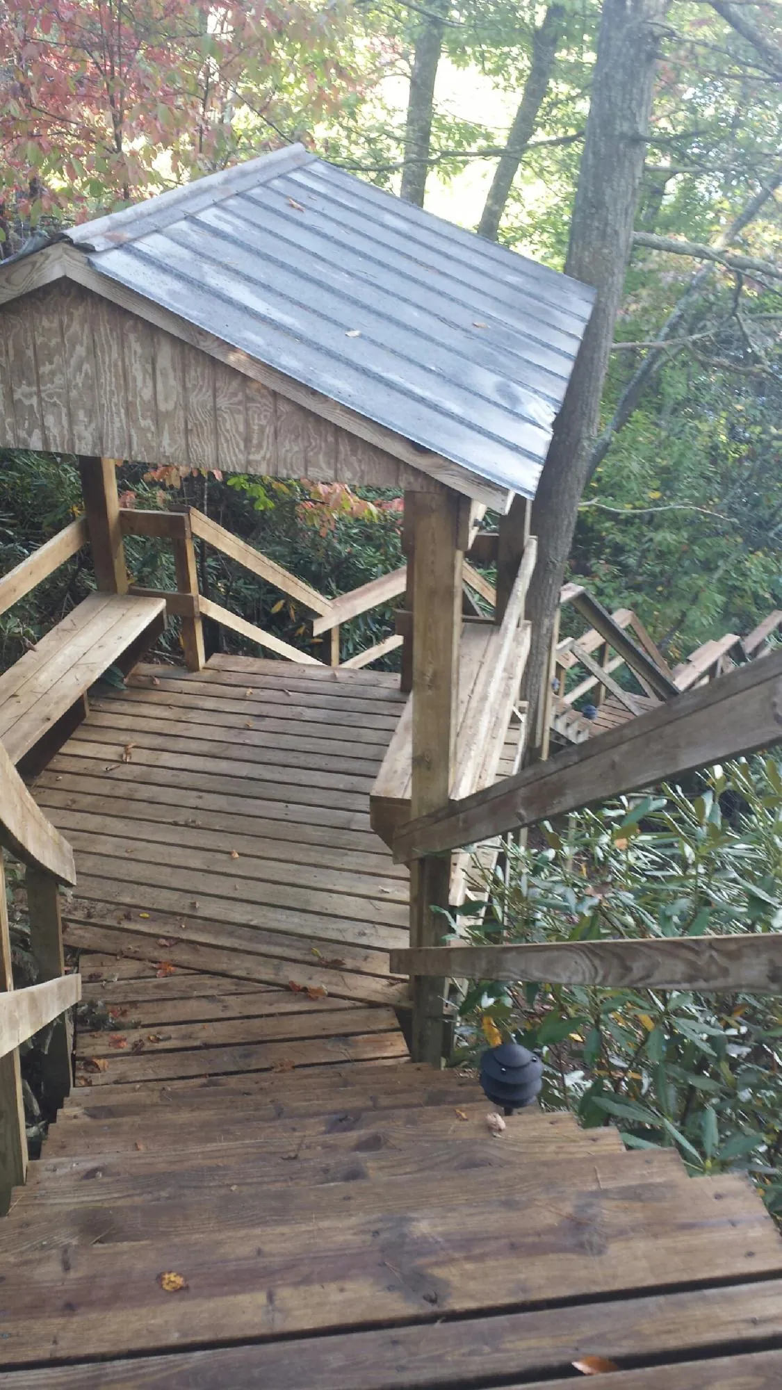 Metal roofed shelter over wooden steps on a wooded walkway — Skylight Repair & Installation work by our crew in Kaibeto
